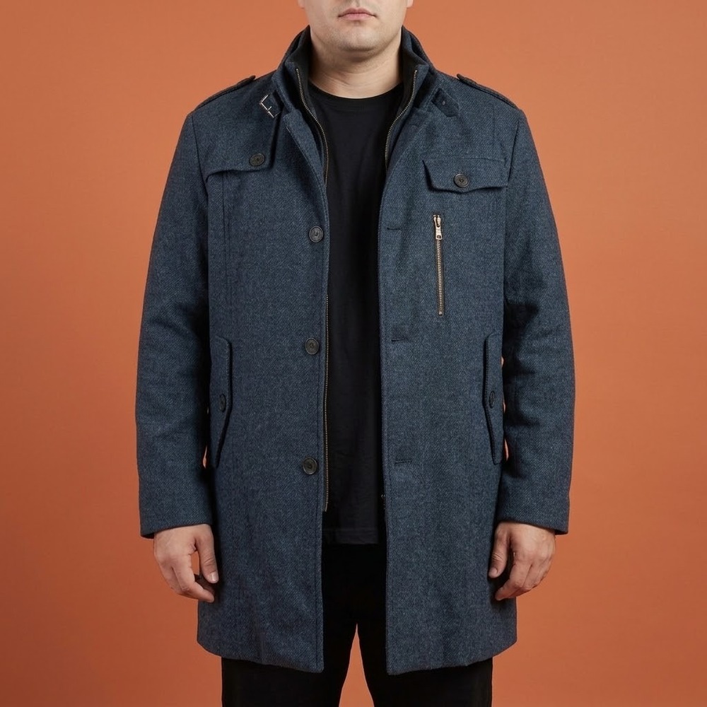 Wantdo Wool Blend Pea Coat Jacket Mens XL Blue Standing Collar Outerwear EUC